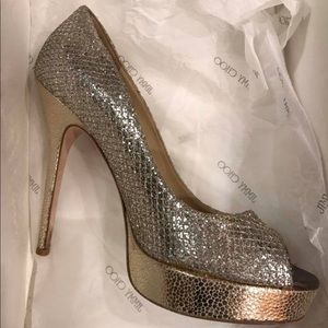 Jimmy Choo Champagne Glitter PeepToe Platform